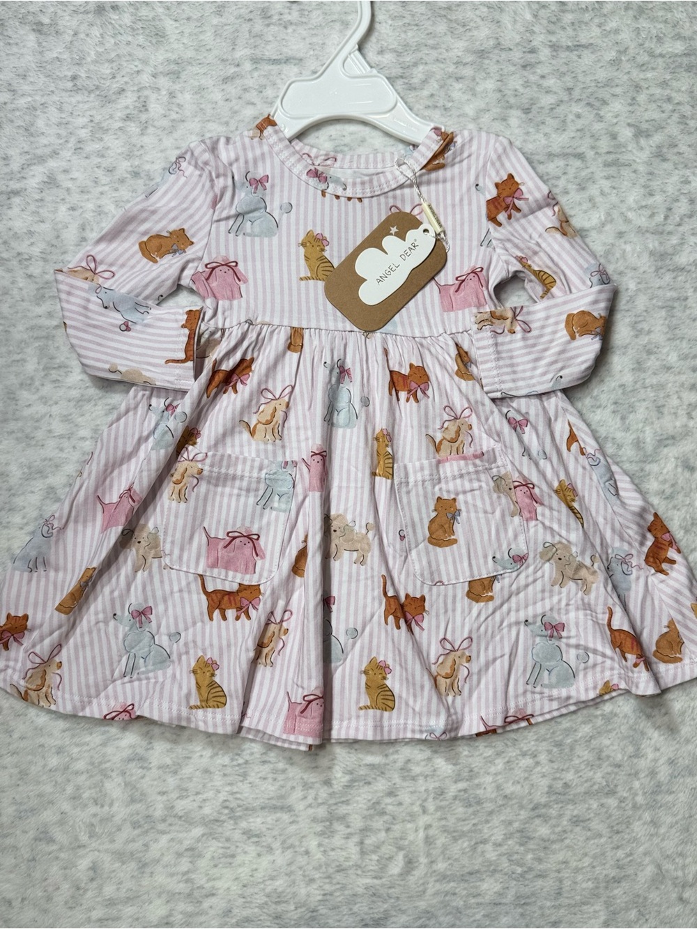 NWT Angel Dear Cats Dogs Bows Bamboo Twirly Dress 6-12M Baby Girl Pink Stripe
